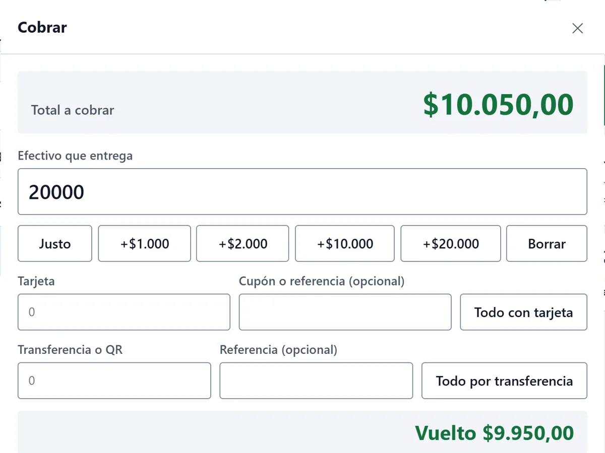 Ventana de cobro: total $10.050, efectivo entregado $20.000 y vuelto $9.950.